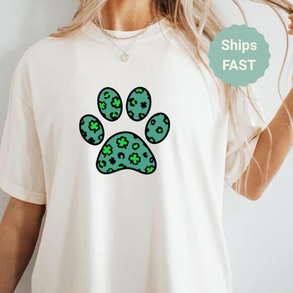 Tops - St Patricks Day Dog Shirt, Dog Paw Tshirt, Dog Lover St Paddys Tee